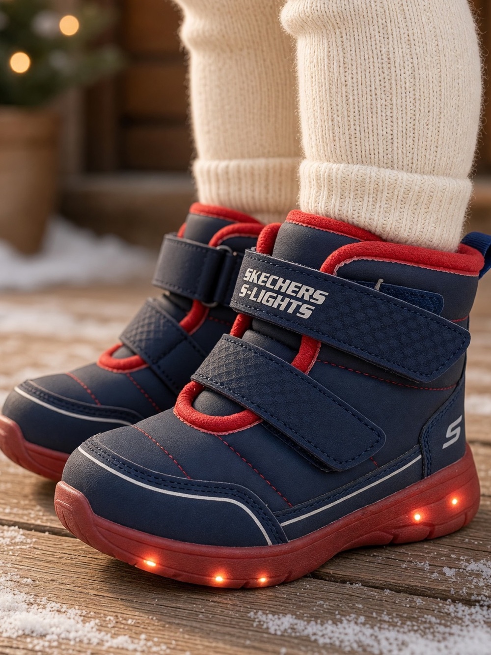 Skechers S-Lights Water Repellent Winter Boots Navy Red Toddler Size 8